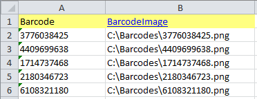 Open the file with the barcodes and the file names of the BarcodeImages im Microsoft Excel.
