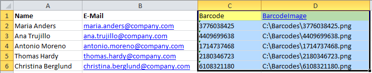 Copy the barcode into your Excel file with the names and e-mail addresses and save the file.