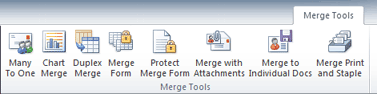 After placing the MergeTool file in the Word Startup folder the MergeTool tab is shown.